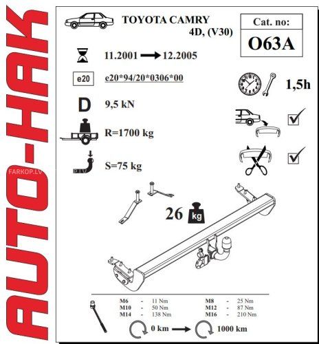 Auto sakabes āķis  TOYOTA CAMRY